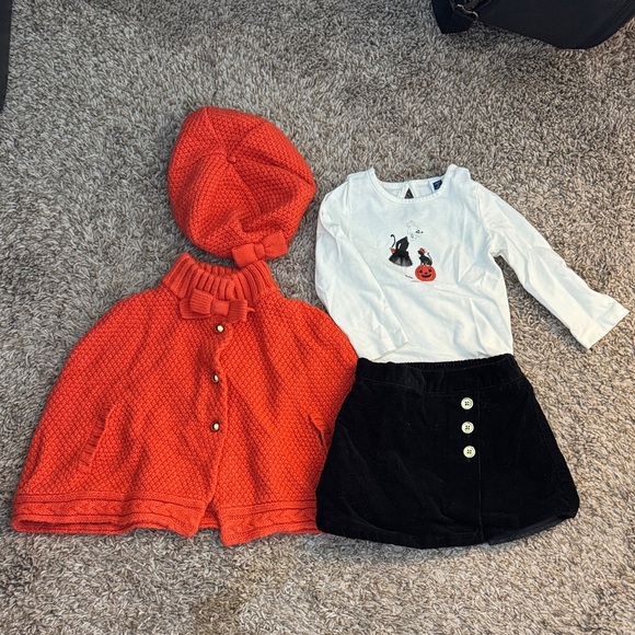 Janie and Jack Orange Knit Cape & Hat with Halloween Cat Shirt and Black Skirt
